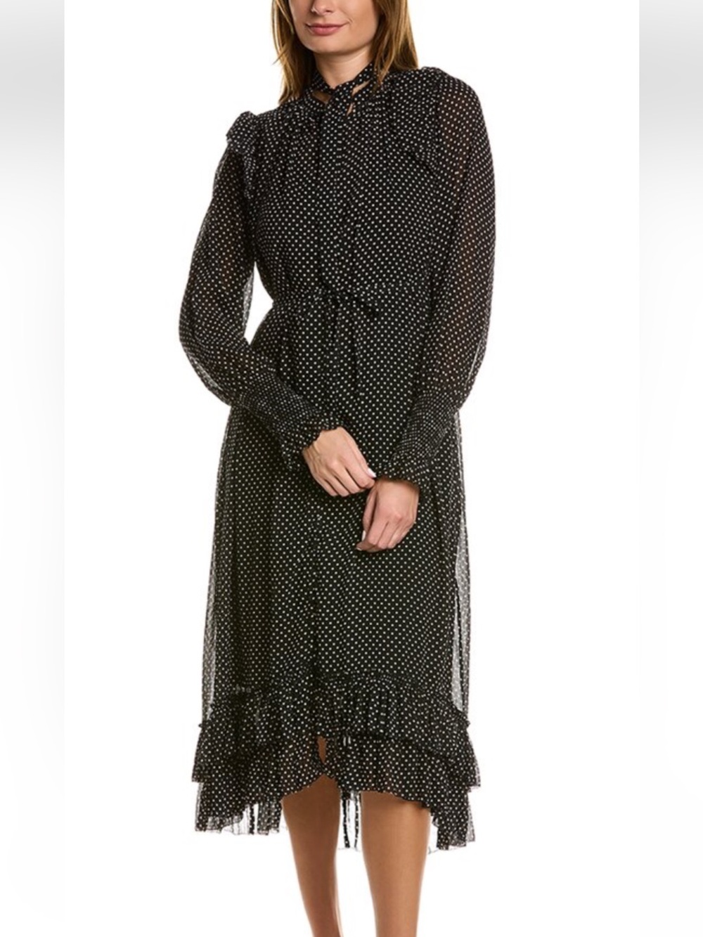 All Saints Black Polka Dot Ruffle Midi Dress